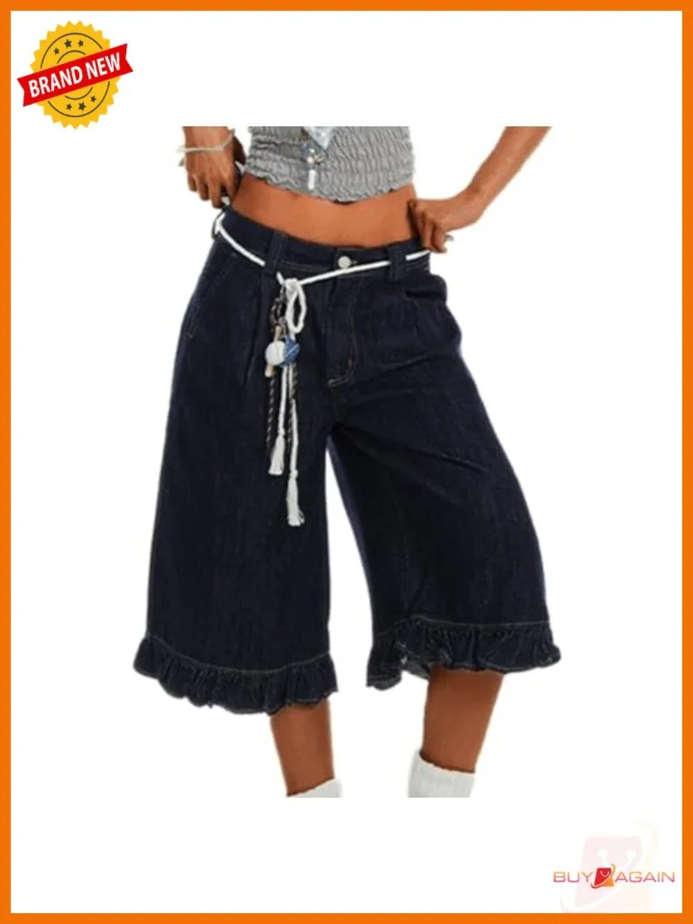 Y2k Low Rise Ruffle Hem Wide Leg Long Jean Shorts Loose Fit Streetwear Denim